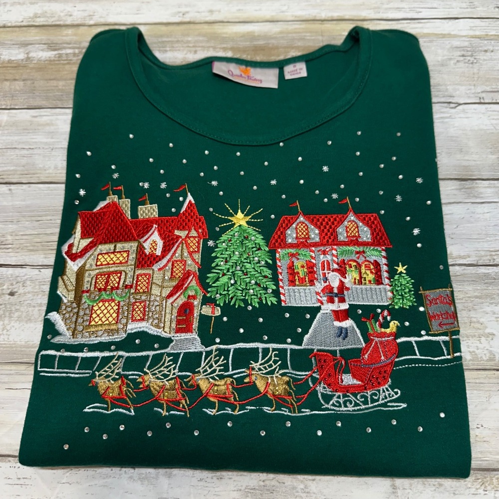 Quaker Factory‎ Womens Green Long Sleeve Christmas knit shirt  size Small
